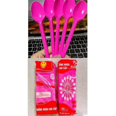 Hình ảnh 50 Muỗng Nhựa 20cm Hồng, Muỗng Màu Dùng 1 Lần Hàng Đẹp, Dày Dặn