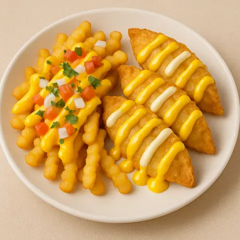 Hình ảnh Mandu Chiên + Khoai tây phủ Cheese + Sốt Kem Rau Mùi