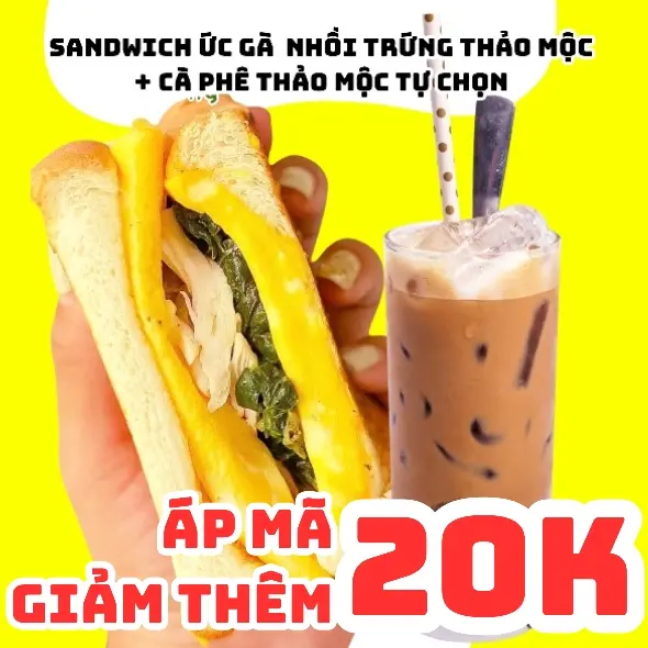 Hình ảnh Bánh Mỳ Sandwich Ức Gà Miếng Nhồi Trứng Thảo Mộc + Cà Phê Thảo Mộc