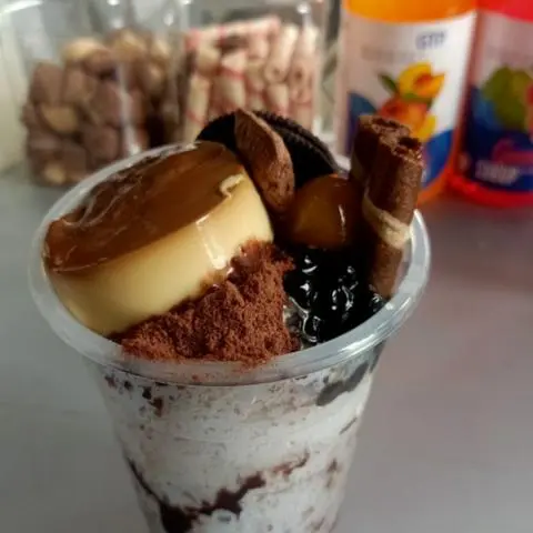 Hình ảnh mi lô dầm bánh oreo bánh flan 