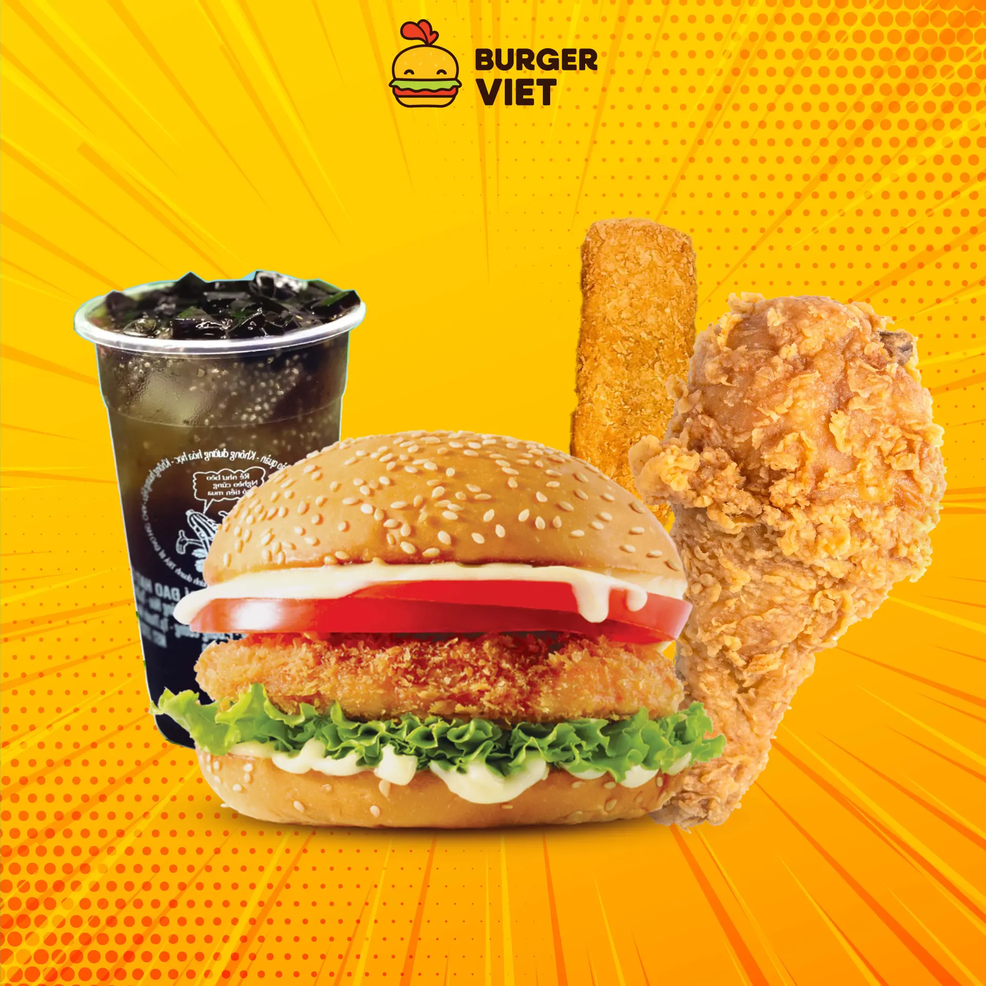 Hình ảnh Burger tôm + Đùi gà + xúc xích phô mai + Trà bí đao