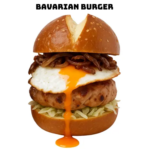 Hình ảnh Bavarian burger - Burger Bavaria với chả lụa Đức, trứng ốpla, phô mai, cải chua, hành xào