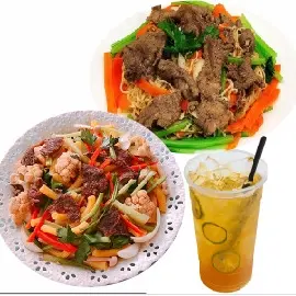 Hình ảnh combo 2 nui xào bò + 1  ly Hồng trà tắc