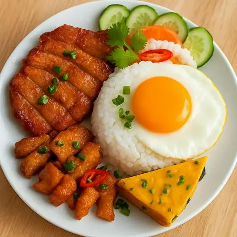 Hình ảnh Cơm Sườn+ Ba Rọi + Trứng ốp la + Chả Hấp ⭐️