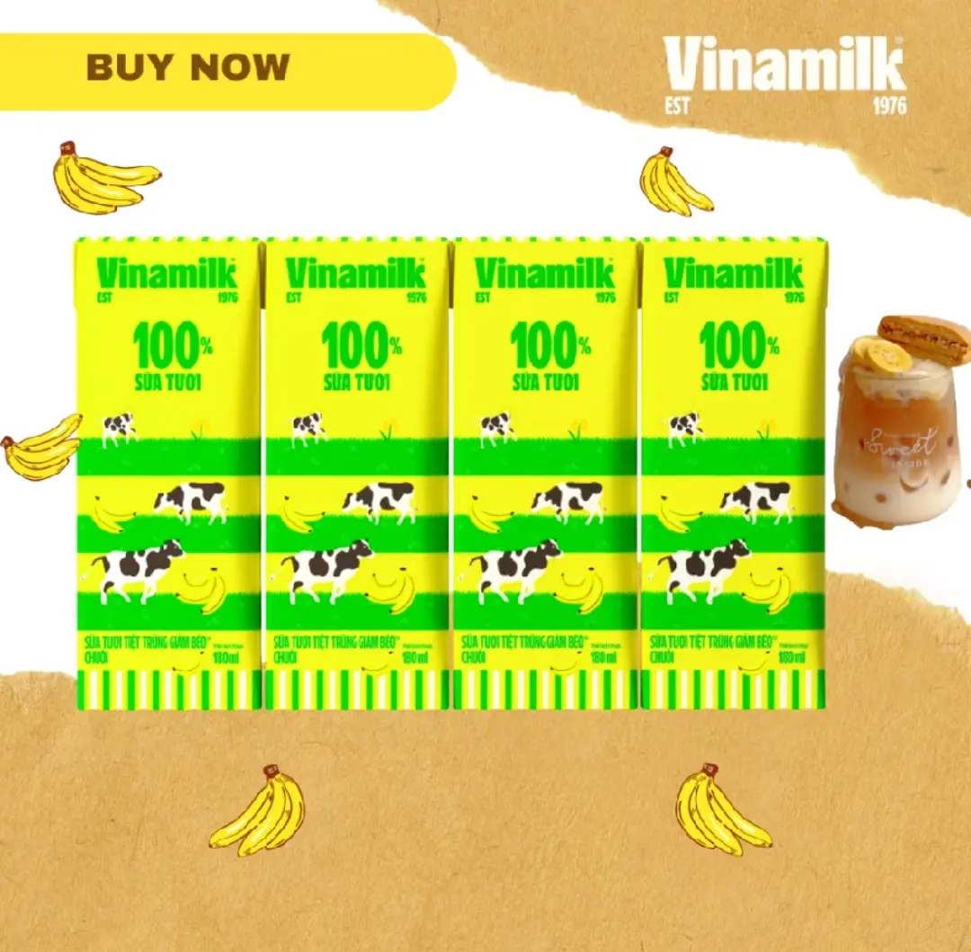 Hình ảnh Lốc Sữa Chuối 4 Hộp 180ml Tươi Tiệt Trùng Vinamilk 100% Chuối