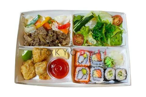 Hình ảnh Bento thịt bò yakiniku và thịt gà chiên giòn - sushi