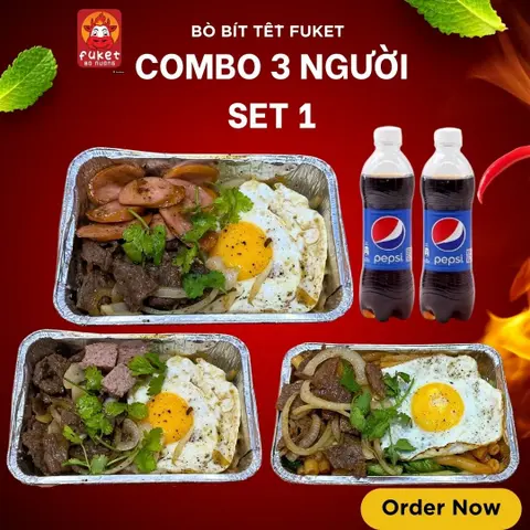 Hình ảnh Set 1:  Bò bít tết pate trứng + bò bít tết xúc xích trứng + nui xào bò trứng + 2 pepsi	