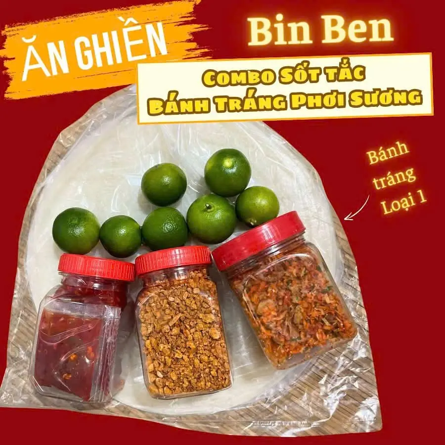 Hình ảnh Bánh tráng phơi sương (combo 3 vị hũ sa tế 100g, hũ muối hột 100g,hũ hành 100g kèm tắc)