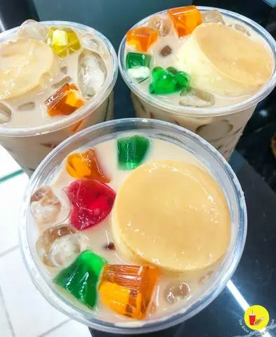 Hình ảnh trà sữa full topping+bánh flan 