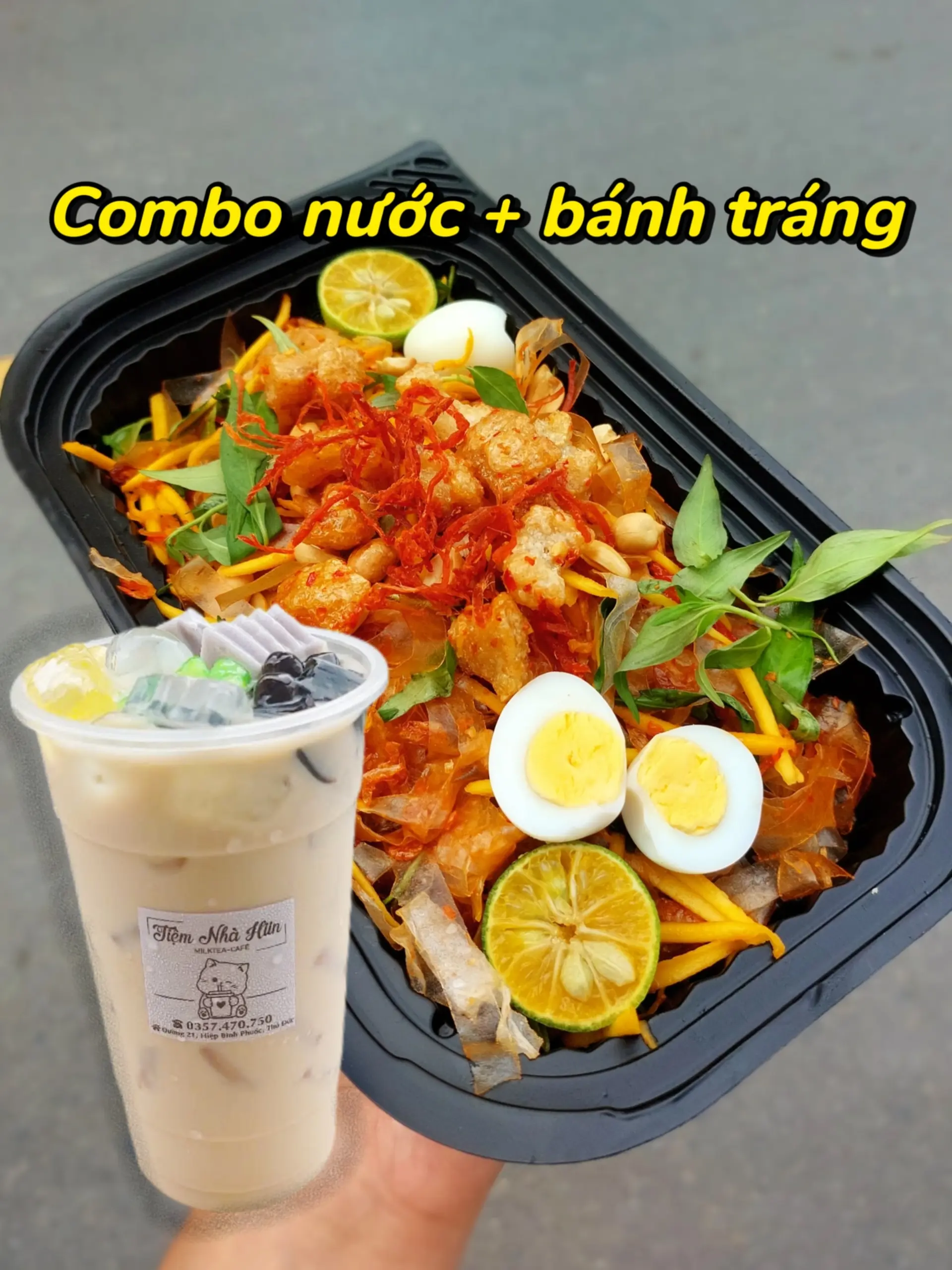 Hình ảnh Combo hè 4 (Bánh tráng trộn + trà sữa truyền thống size L full-topping) (đã gồm thuế)
