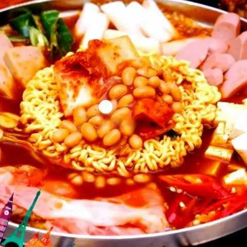 Hình ảnh 부대찌개 . Lẩu xúc xích+mì gói Hàn Quốc +cơm. +món ăn phụ