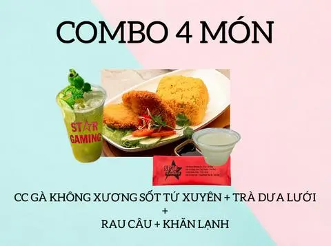 Hình ảnh CB Cơm gà không xương sốt tứ xuyên + Trà sen dưa lưới+ Rau câu + Khăn lạnh 