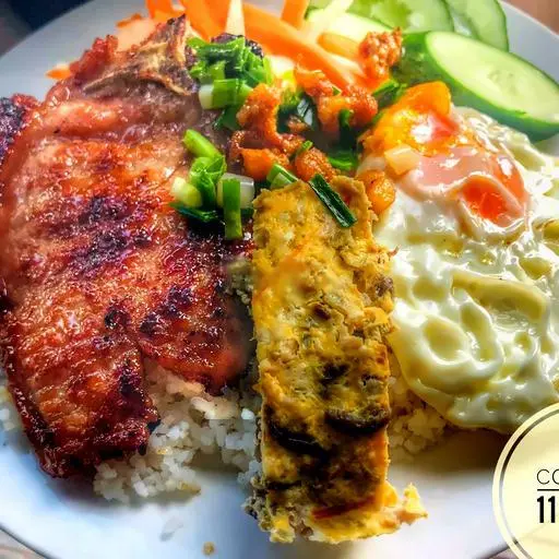 Hình ảnh Cơm SƯỜN CHẢ - TRỨNG/ Steamed Broken Rice with Grilled Pork Chop and Pork Pie - Fried Egg