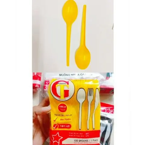 Hình ảnh Muỗng 15cm (100 Cái) Vàng, Muỗng Nhựa Màu Dùng 1 Lần Hàng Đẹp, Dày Dặn