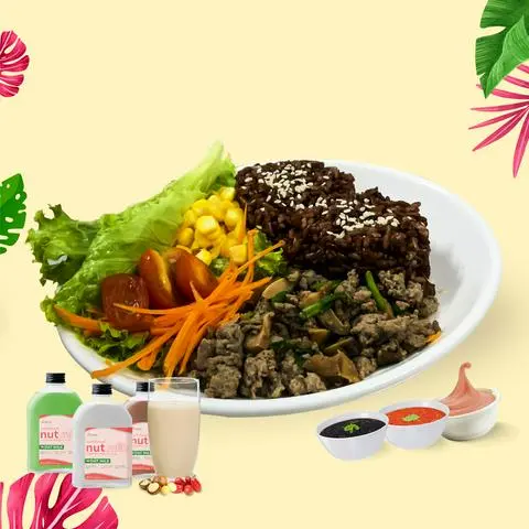 Hình ảnh Cơm gạo lứt bò bầm xèo nấm hương +250ml sữa hạt