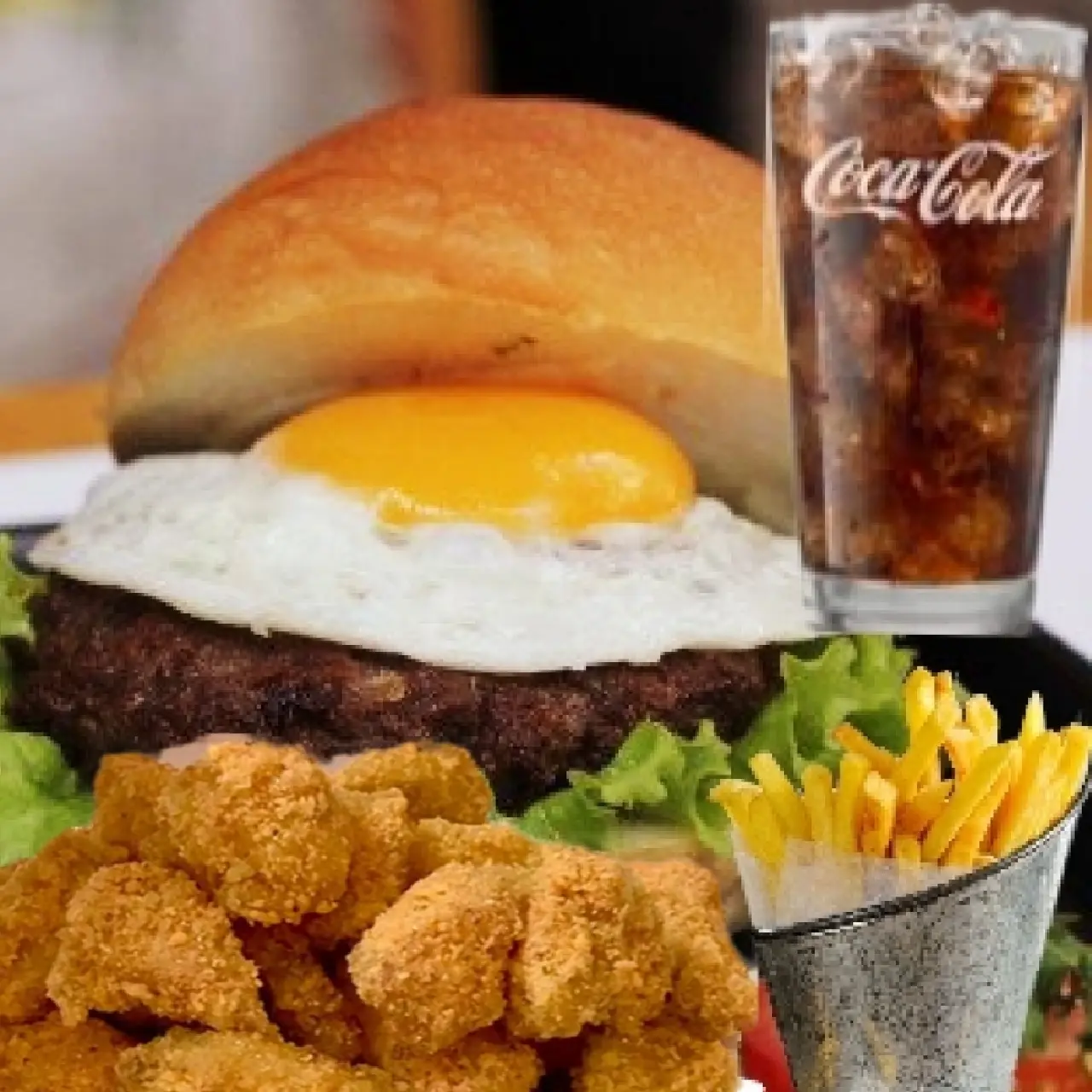 Hình ảnh Combo Hamburger bò trứng + 10 miếng gà viên + khoai + coca
