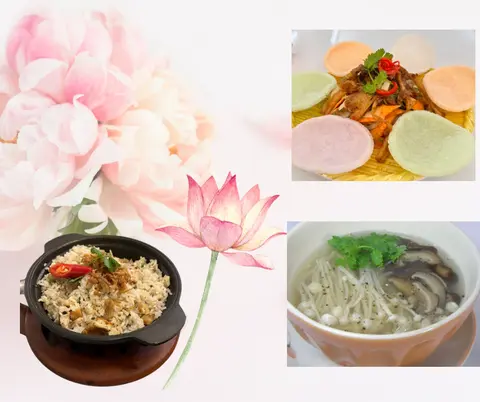 Hình ảnh com chiên cá mặn + gỏi nấm + soup nấm