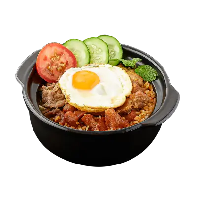 Hình ảnh cơm thố xá xíu + ốp la 