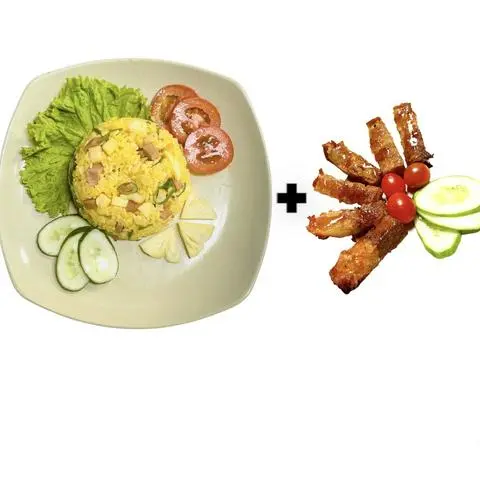 Hình ảnh Cơm chiên trái thơm + thịt ba chỉ ram nước mắm chay