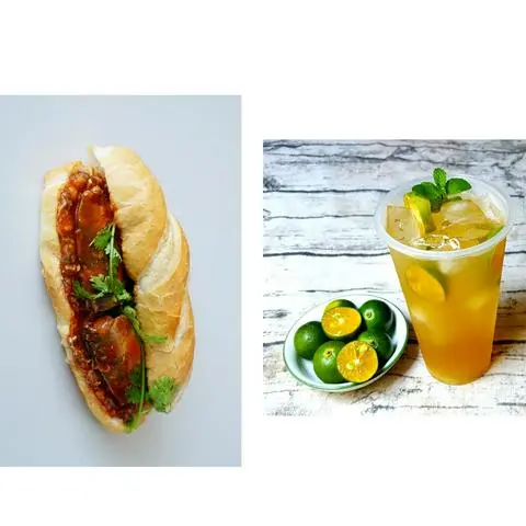 Hình ảnh bánh mì cá hộp kèm trà tắc hoặc trà đường 