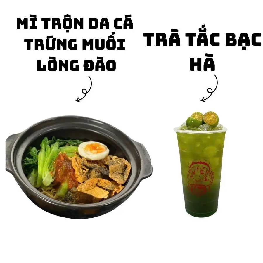 Hình ảnh Mì trộn da cá trứng muối lòng đào + trà tắc bạc hà