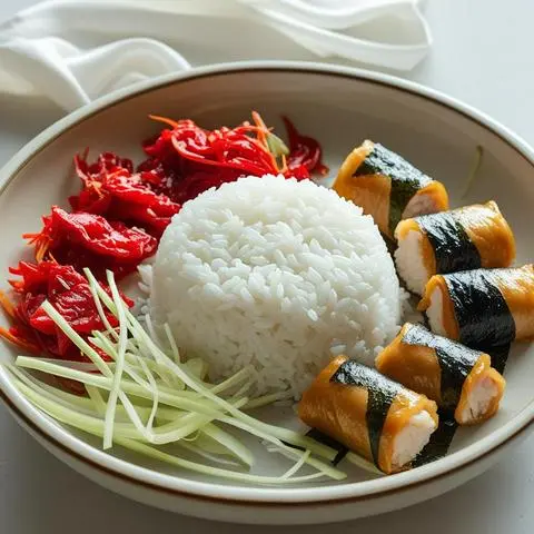 Hình ảnh cơm 5c to gà cuộn rong biển sốt Thái +canh rong biển vị MISO 