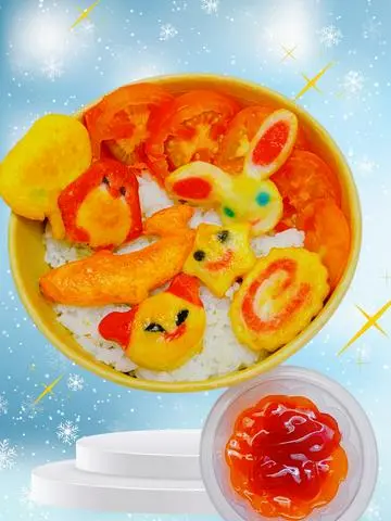 Hình ảnh Cơm Chả Cá Hoạt Hình To (4 Con) Chiên (ST25) + Kèm Tương Ớt, Cà, Cà Chua Miếng)