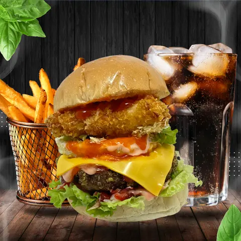 Hình ảnh Combo hamburger "trâu khổng lồ" mix - coca - khoai tây chiên