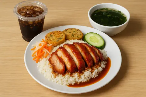 Hình ảnh CƠM GÀ XÁ XÍU + COCA + CANH RONG BIỂN