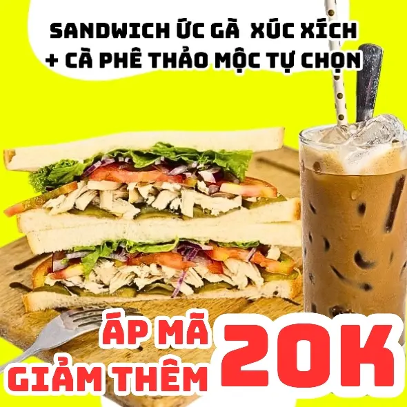 Hình ảnh Bánh Mỳ Sandwich Xúc Xích Ức Gà Miếng Nhồi + Cà Phê Thảo Mộc