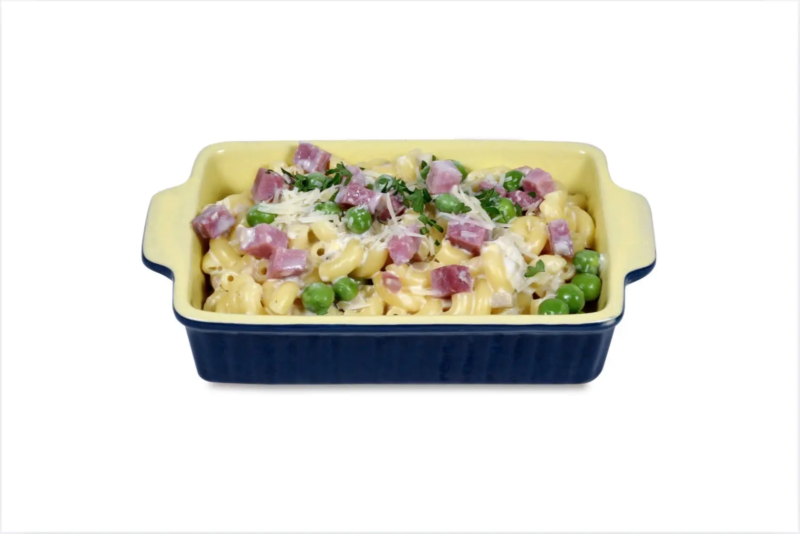 Hình ảnh Nui macaroni với dăm bông, phô mai và đậu Hà Lan