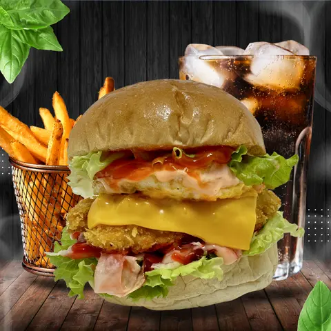 Hình ảnh Combo hamburger "trâu" gà - coca - khoai tây chiên