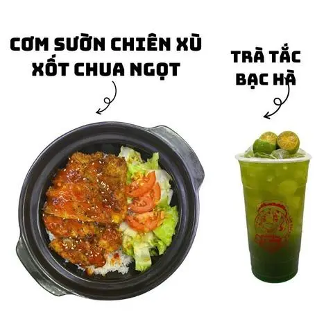 Hình ảnh Cơm sườn chiên xù xốt chua ngọt + trà tắc bạc hà