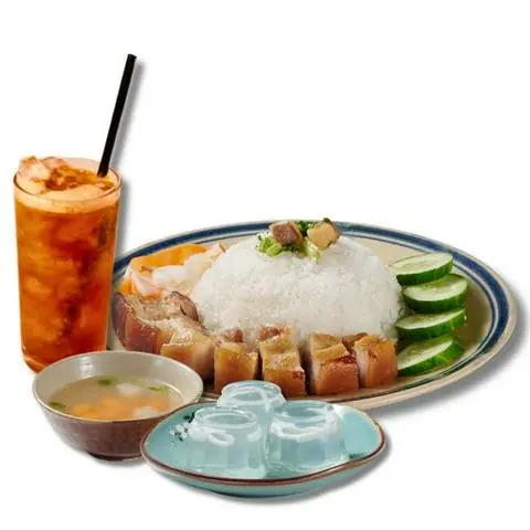 Hình ảnh Cơm tấm Ba rọi nướng + Canh + Nước + Tráng miệng