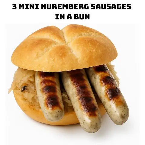 Hình ảnh Drei im Weggla - 3 Mini Nuremberg sausages in a bun - Bánh mì kẹp 3 xúc xích heo mini