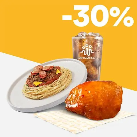 Hình ảnh Combo S9: 1 Miếng Gà Phủ Xốt + Mỳ Ý Bò Bằm Phô Mai + Nước Ngọt