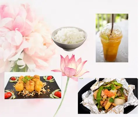 Hình ảnh dau hủ rang muối + tra chanh + com trắng + nấm nướng giấy bạc