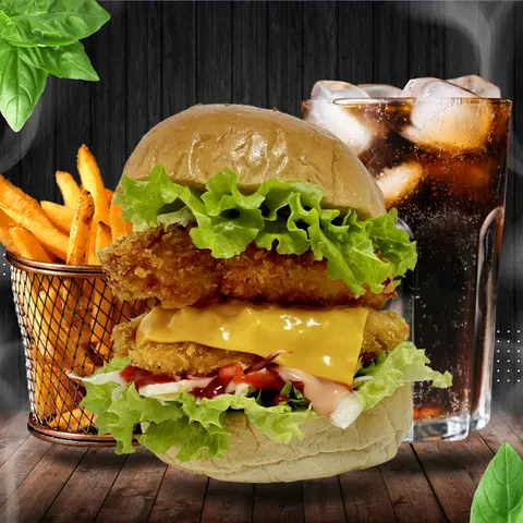 Hình ảnh Combo hamburger "trâu khổng lồ" gà - coca - khoai tây chiên