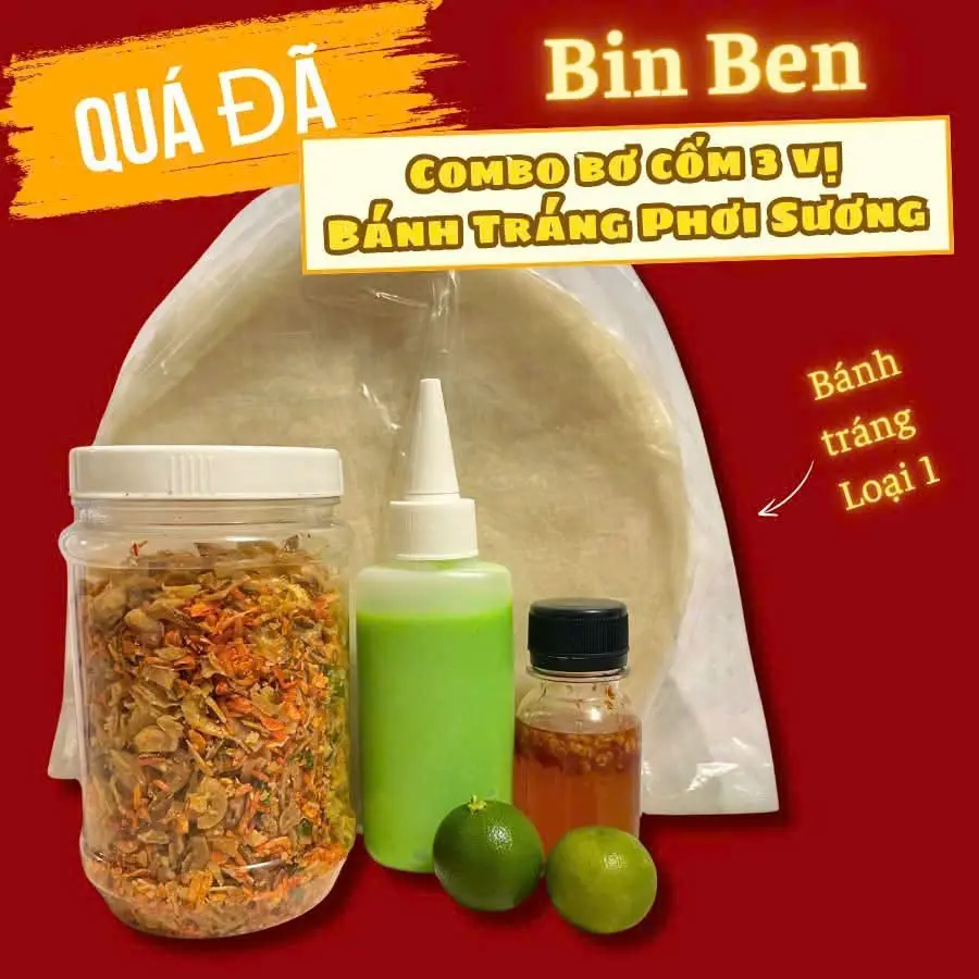 Hình ảnh Combo Bánh tráng phơi sương 3 vị (hũ hành trộn 200g, hũ sốt 50ml, chai bơ cốm)