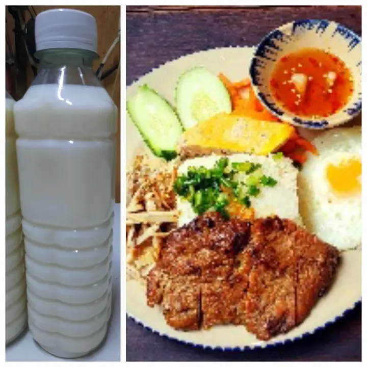 Hình ảnh sườn bì chả trứng + sữa gạo ( tặng canh)