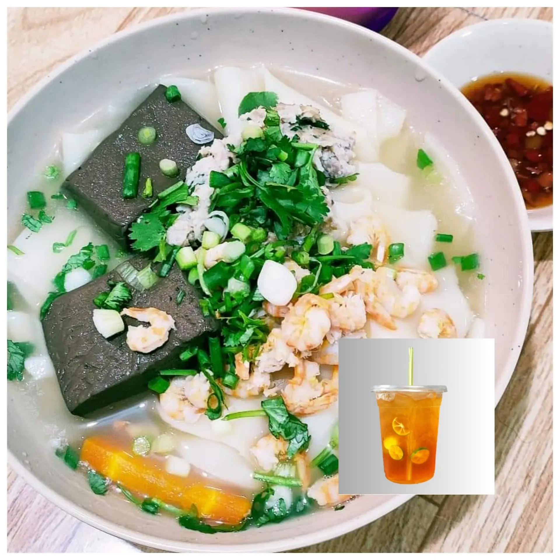 Hình ảnh Hoành thánh tôm khô + trà tắc