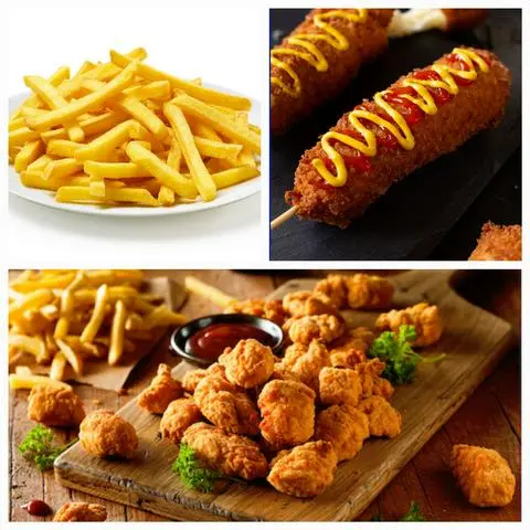 Hình ảnh Ăn Vặt Ngon (100g Khoai tây chiên, gà popcorn lắc phô mai, 1 corndog xúc xích phô mai)