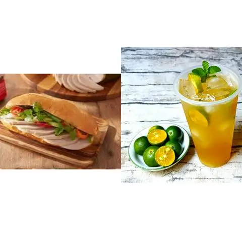 Hình ảnh bánh mì chả lụa kèm trà tắc hoặc trà đường 