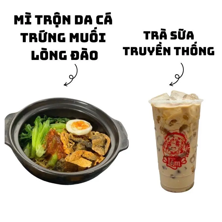 Hình ảnh Mì trộn da cá trứng muối lòng đào + trà sữa truyền thống