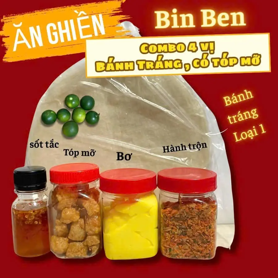 Hình ảnh Combo bánh tráng phơi sương 4 vị ( số tắc 50ml, tóp mỡ 100g, 100g bơ, 100g hành trộn)
