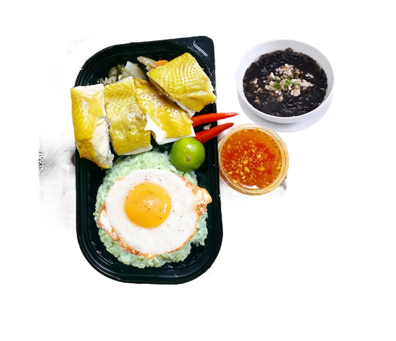 Hình ảnh Cơm Gà Ta hấp + Ốp La + Canh rong biển