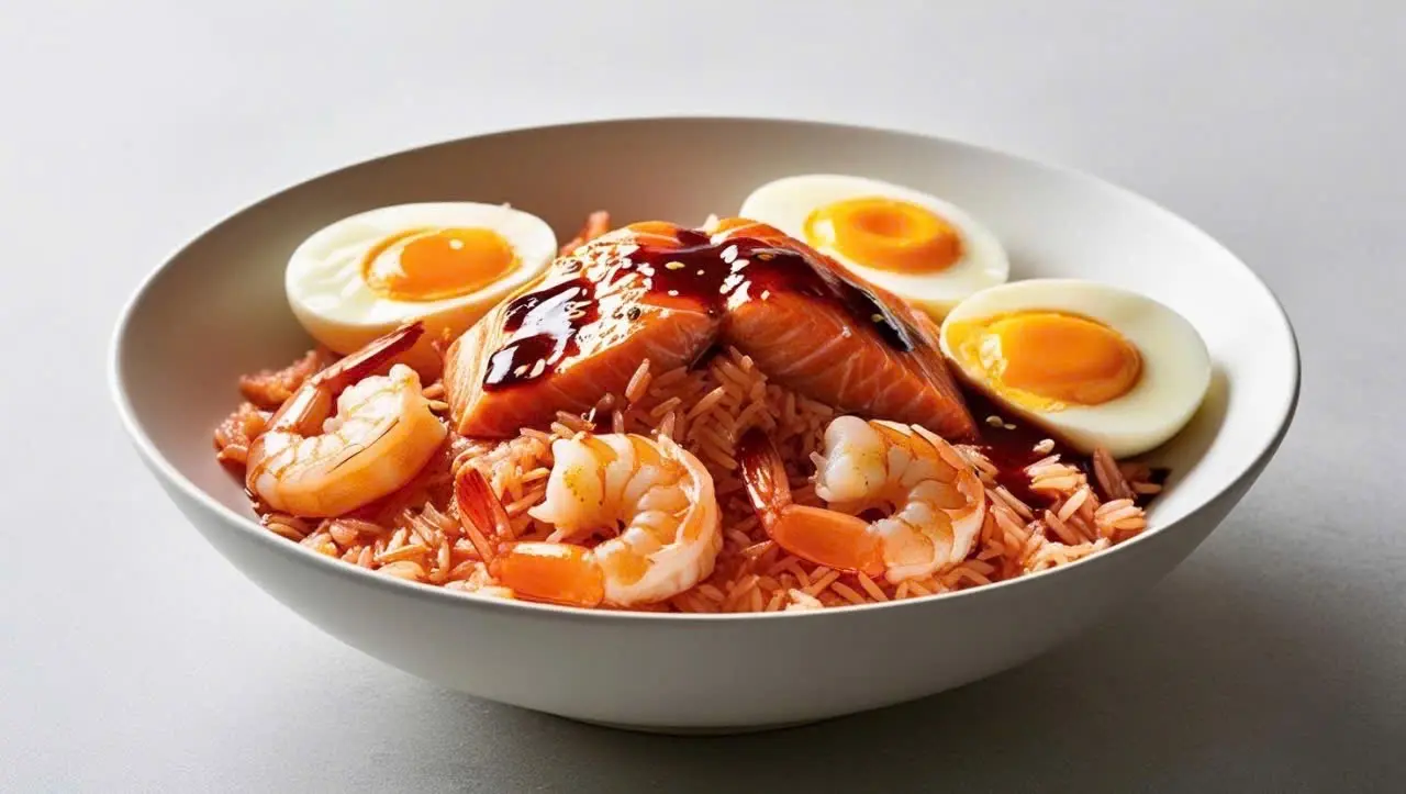 Hình ảnh Cơm Cá Hồi & Tôm & Trứng ngâm tương 