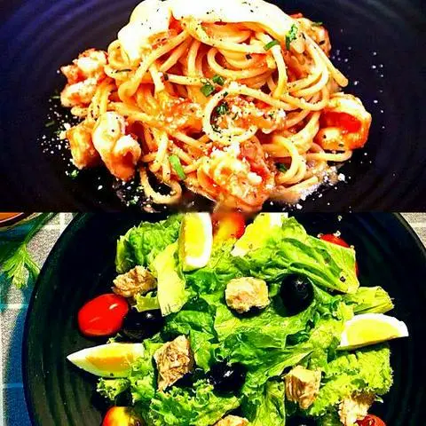 Hình ảnh Best Sell Combo : 1 Spaghetti creamy tomato seafood - 1 Home Mì salad