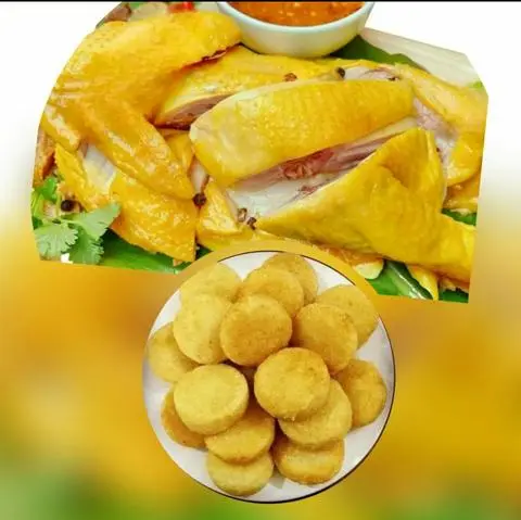 Hình ảnh 1/2 con gà hấp hành + 6 miếng xôi chiên