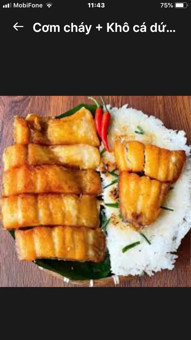 Hình ảnh Cơm cháy mỡ hành + khô cá dứa + rau luộc 